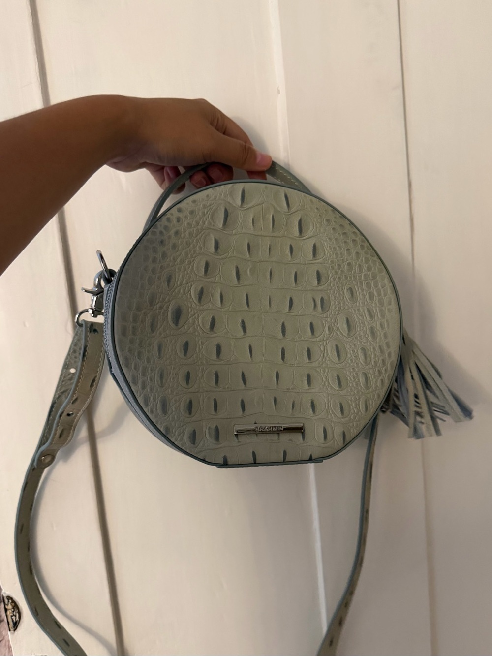 Brahmin Round Croc-Embossed Crossbody in Light Sage